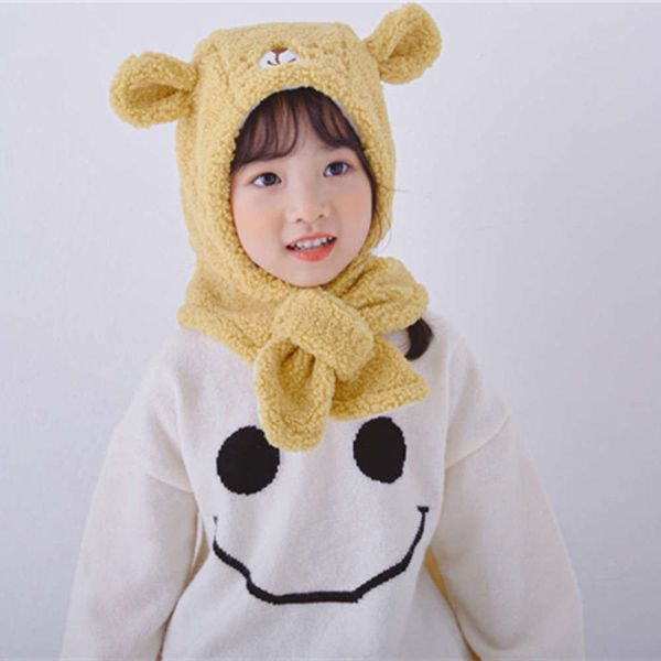 

autumn version winter lamb korean bib hat ear neck protection warm cover cap cute little bear boys and girls hats l5et, Red;brown