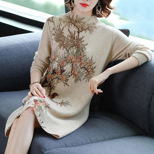 

retro bird tree printing knitted dresses winter women long sleeve sweater dress casual crochet pullover dress for lady, Black;gray