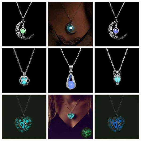 

vienkim glow in the dark necklace moon square heart necklaces for woman hollow water drop pendant night fluorescence light g220310, Silver