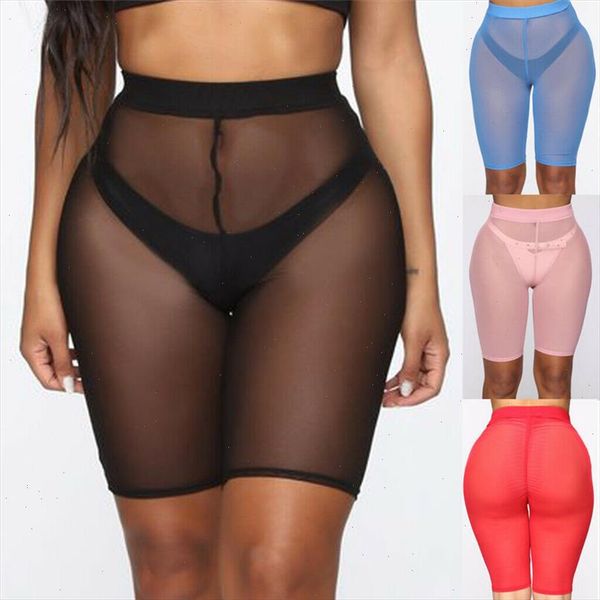 

2021 summer shorts women see through slim fit mesh elastic sports leggins high waist short femme perspective shorts, White;black