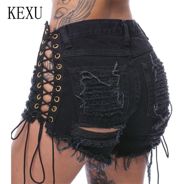 

kexu женщины sexy кружева стороны бреши denim шорты черные джинсы кисточкой белый хлопок выдалбливают бинты клуб партии короткие штаны, Blue