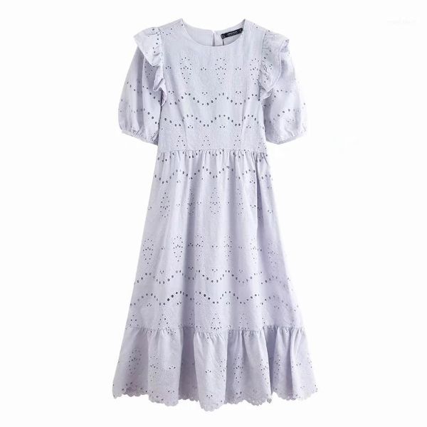 

casual woman hollowing embroidery o neck lantern sleeve midi dress 2020 new fashion ladies ruffle hem loose dresses d55991, Black;gray