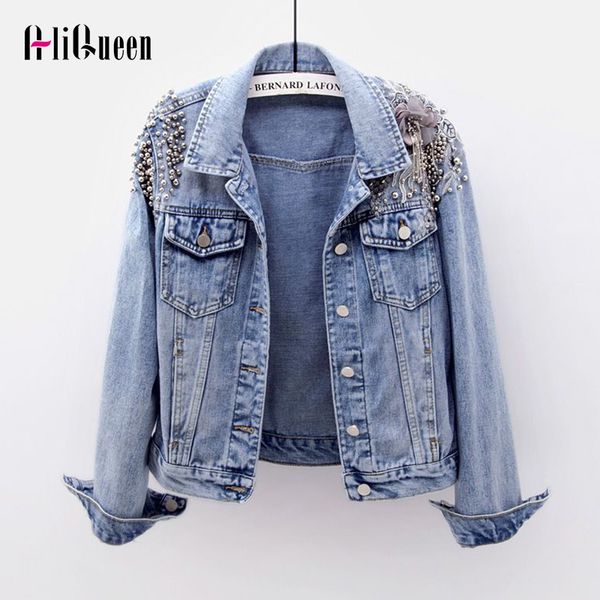 

2019 autumn female denim jacket beaded short coats punk style embroidery long sleeve slim outwear streetwear women jean coatsx1016, Black;brown