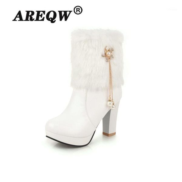 

boots 2021 winter shoes women high heels fur warm for super square heel1, Black