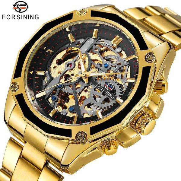 

forsining business men automatic mechanical watch solid strap multilateral bezel skeleton dial 3d design fashion wrist watches y19052103, Slivery;brown