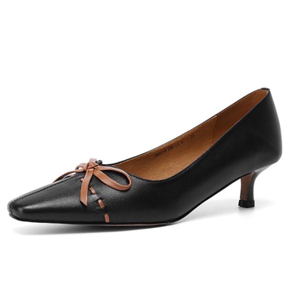 

dress shoes genuine leather sweet shallow woman heels 2021 spring bow decoration high pumps wedding party working women's, Black