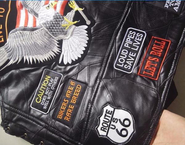 

bonjean brand men's genuine leather motorcycle vest with14 patches us flag eagle biker vests sheepskin us s-4xl, Black;white