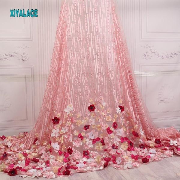 

nigerian 3d flowers tulle lace fabric african fashionable style add beaded french tulle lace fabric dress pgc1956b-1, Pink;blue