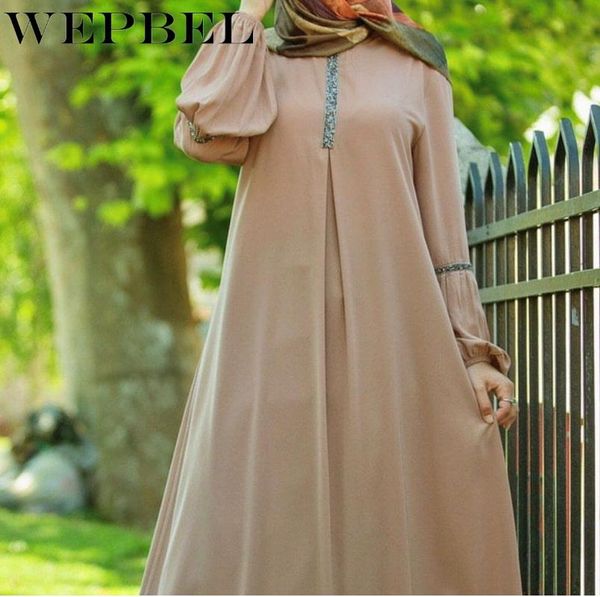 

wepbel muslim fashion diamond solid color stitching robe women's arabic dubai long sleeve o-neck loose dress, Red