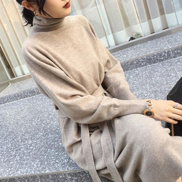 

sweater long dress with sashes women knitted turtleneck dress autumn winter warm knit female dress loose midi vestidos dresses, Black;gray