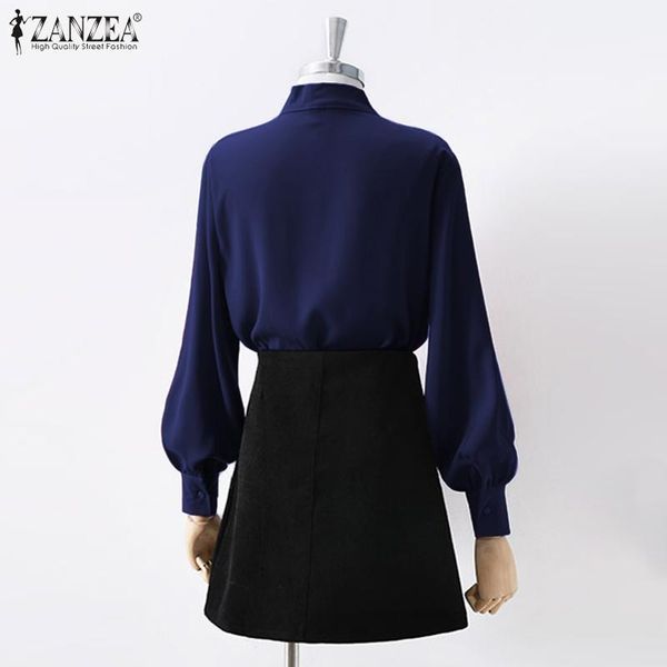 

stylish women blouse zanzea elegant long sleeve bow tie shirt spring solid tunic female lace up blusas femininas blouses1, White