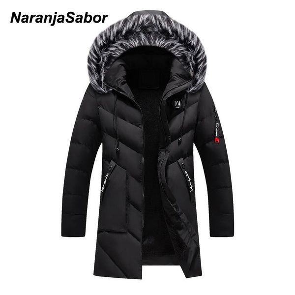 

naranjasabor new mens winter parka men's thick warm windproof coat men solid hooded fur collar jacket male long overcoat n634, Black