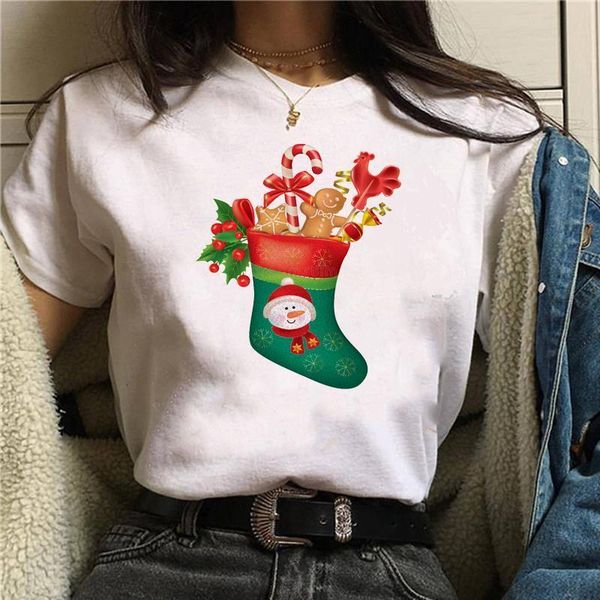 

new christmas women tshirts cute sock printed tshirt kawaii aesthetic printing vogue vintage clothes top, White