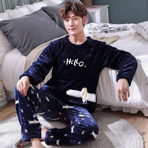 

men's sleepwear young men pajamas set warm flannel male long-sleeve autumn winter pyjama loose homewear coral fleece pants, Black;brown