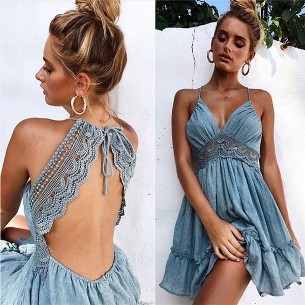 

summer dress 2020 backless bandage lace mini dress women beach women white party dresses for boho, Black;gray