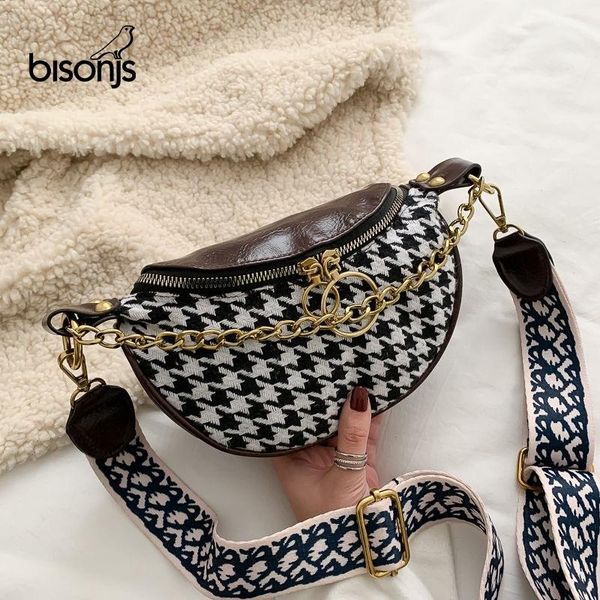 

bisonjs 2020 houndstooth chestbag pu waist bag women belt bag classic fashion drum travel purse phone pouch pocket hip