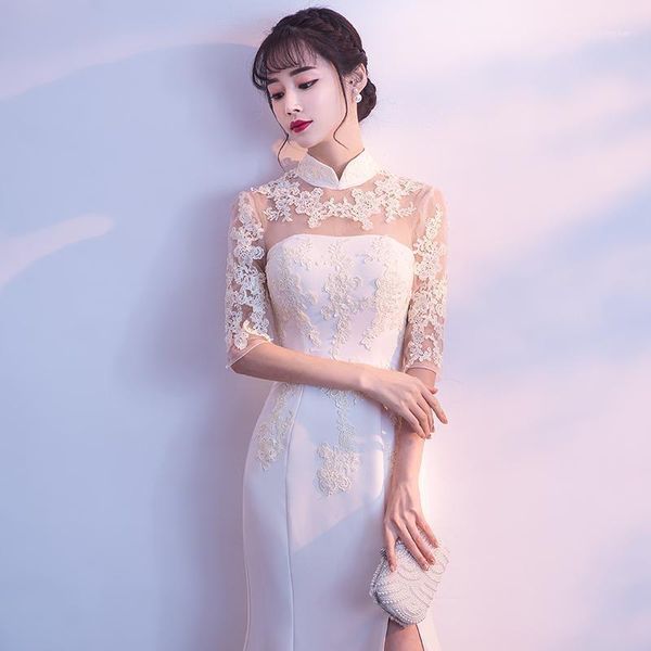 

ethnic clothing spring champagne vintage women lace qipao flower lady cheongsam full length chinese wedding dress gown size s - xxl1, Red