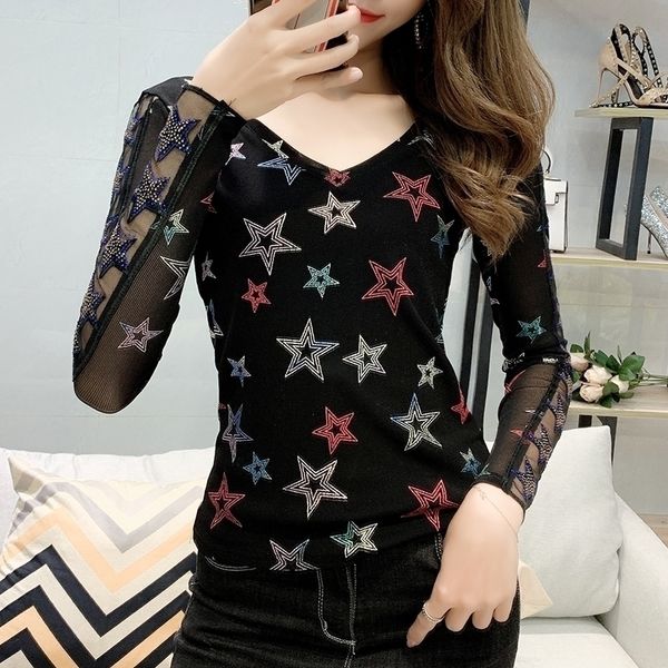 

spring summer shiny v-neck print stars t-shirt women long sleeve diamonds ropa mujer bottoming shirt tees t02703 201029, White