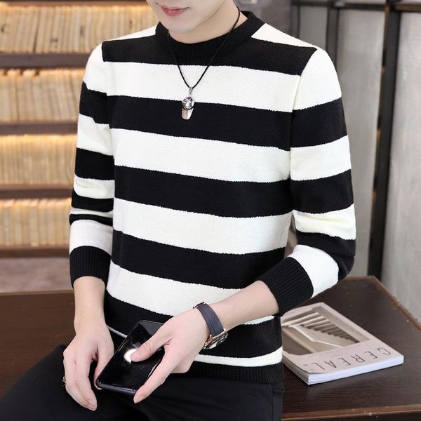 

fashion striped sweaters men slim fit round neck pull homme 2020 winter pullover men jersey hombre handosme thick sweater man, White;black