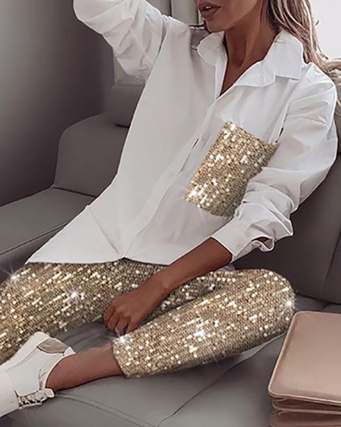 

two piece dress women sequin long sleeve shirt & glitter shiny pant sets, White