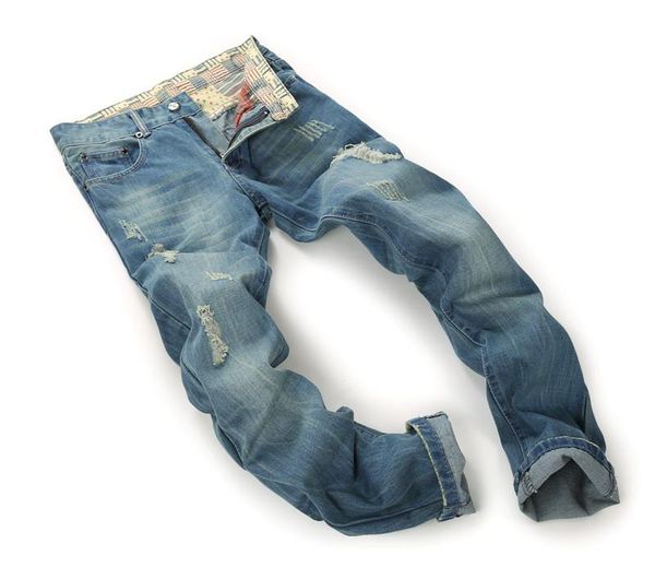 

men's jeans light blue ripped mid-waist denim trousers straight-leg slim-fit non-iron washed male pants