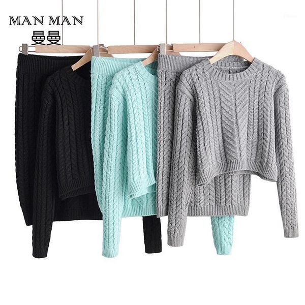 

2020 new arrival knee-length o-neck new women's knit suit sweater + skirt two-piece autumn of pullover cotton elastic waist1, Gray