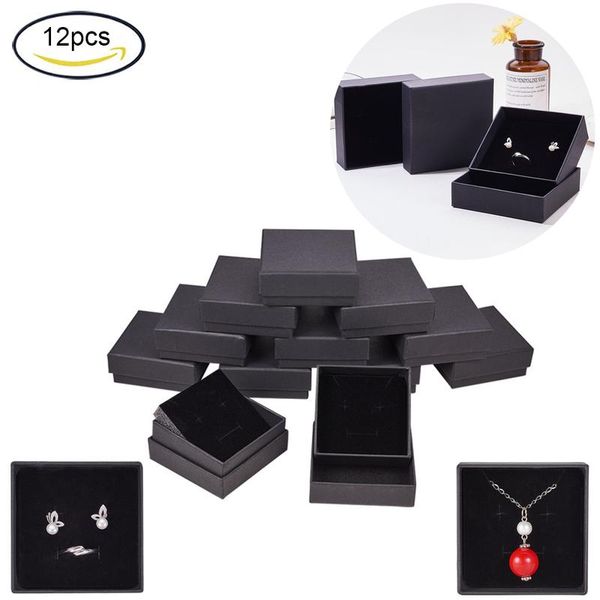 

12 pcs kraft square cardboard jewelry boxes necklace ring earring kraft box for jewelry set, 7.3x7.3x3cm/10x10x3.5cm, black, Pink;blue