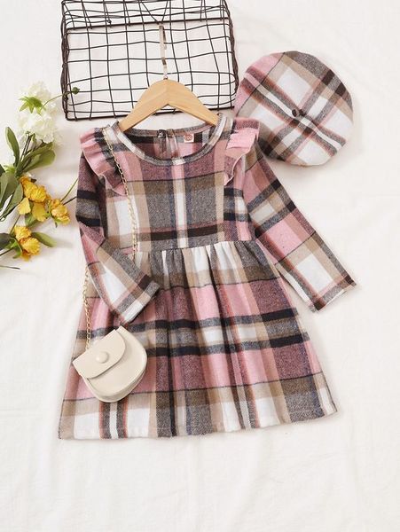 Kleinkind Mädchen Plaid Rüschenbesatz Wolle-Mix Kleid Hut ohne Tasche SHE