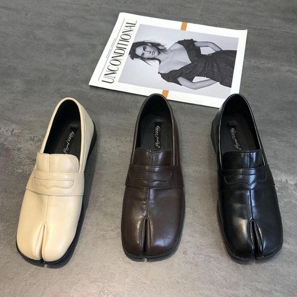 

genuine leather split toe shoes woman ballerina solid chunky heels cowhide loafers british college word band riband flats 2020, Black