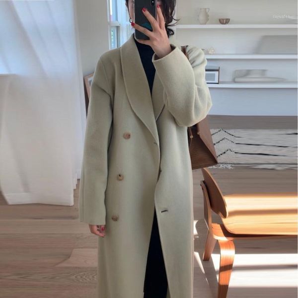 

winter elegant wool blend women korean fashion long coats vintage minimalist woolen overcoat camel oversize outwear1, Black