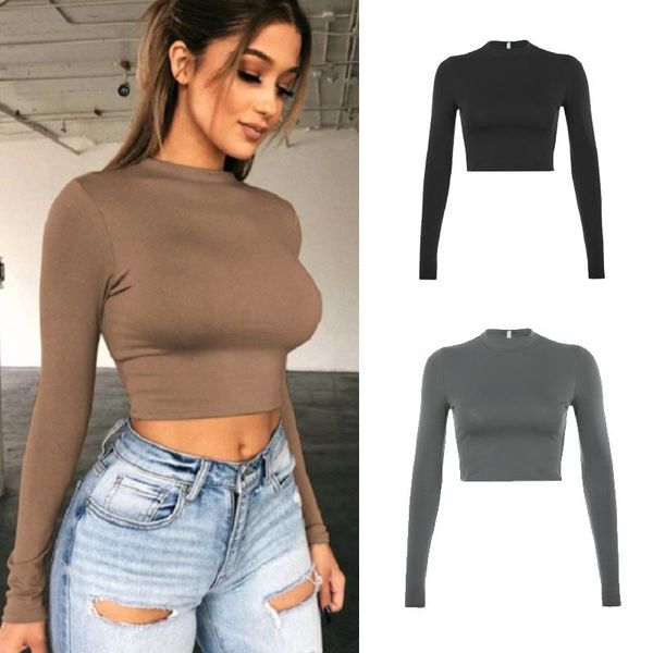 

solid basic long sleeve womens t shirt casual black white fashion crop ladies korean tee