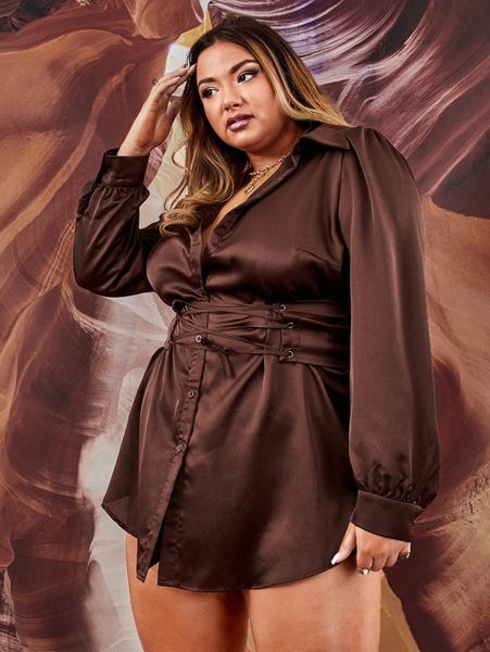 

plus criss cross lace up button front satin blouse 74sn#, Black