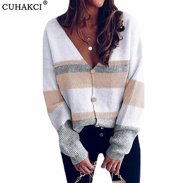 

women's knits & tees cuhakci cardigans striped patchwork autumn winter v neck button knitted sweaters ladies fashion knitwear plus size, White