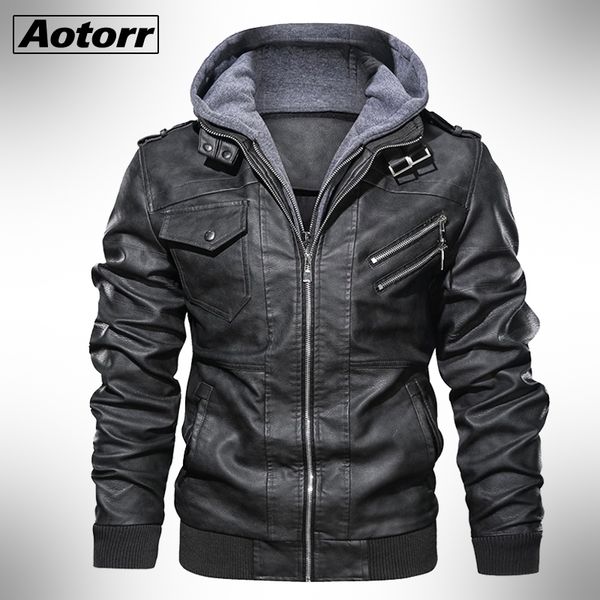 

autumn winter men's motorcycle leather jacket windbreaker hooded jackets male outwear warm biker pu jackets eu size 3xl 201123, Black;brown