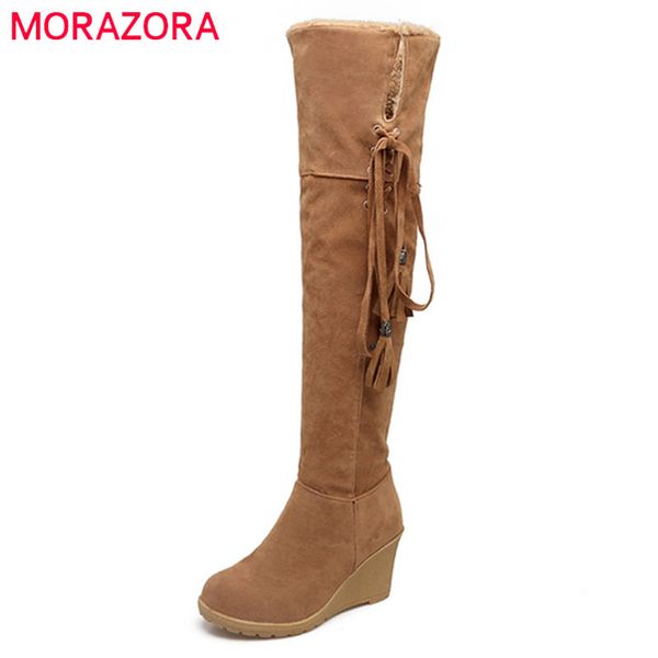 

morazora 2020 new arrival over the knee boots women flock round toe winter boots comfortable wedges shoes woman snow boots 1026, Black
