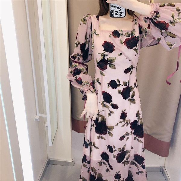 

2020 spring women print high waist dress lady lantern sleeve a-line dress female square collar vestido1, Black;gray