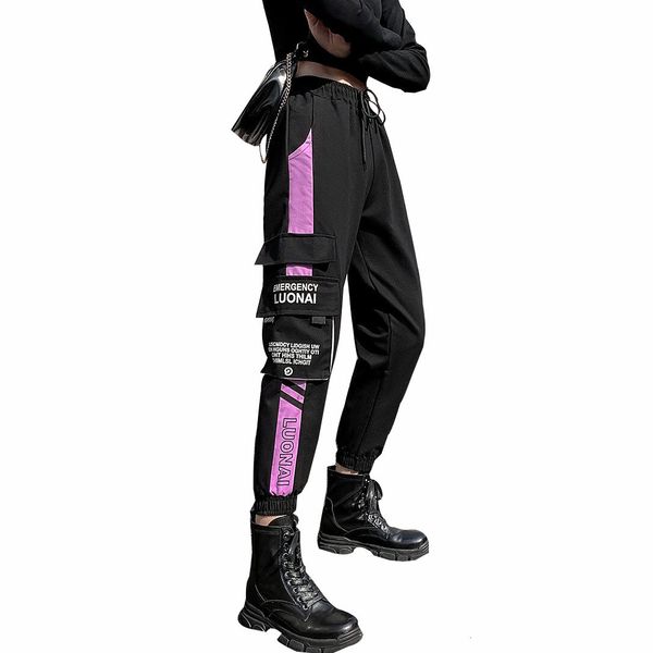 

fashion 2021 new female cargo large pocket streetwear ladies elastic ankle-length jogger pants jl1y, Black;white