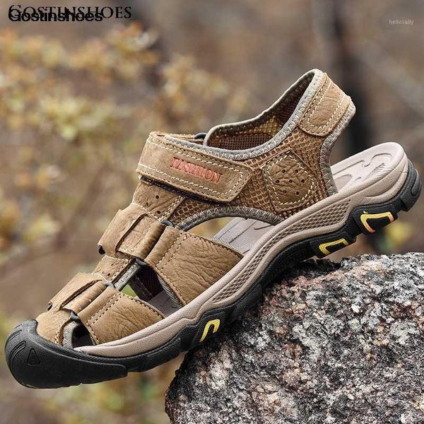 

sandalias playa cowhide casual closed toe shoes sandalia masculina sandel for men1, Black