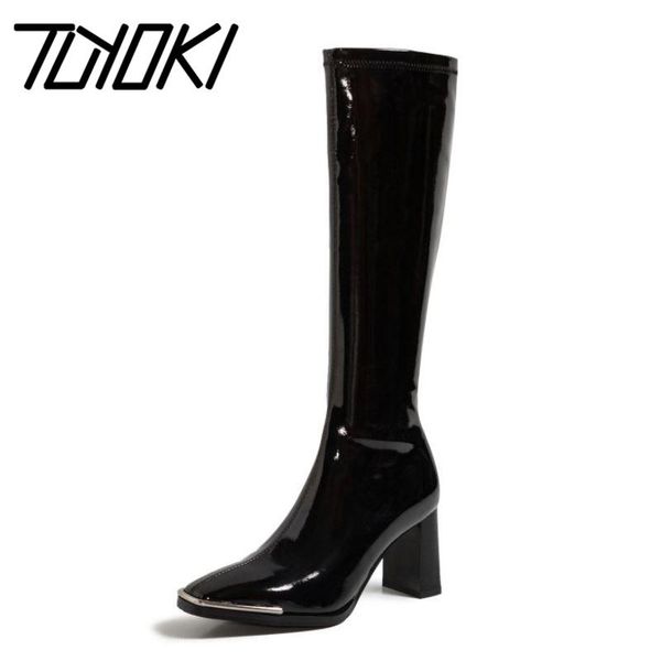 

tuyoki новых женщин высокой пятки сапоги квадратный носок молния обувь толстых сапоги женщины мода зима обувь партия размер 34-50, Black