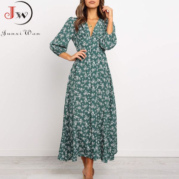 

women chiffon long dress floral print lantern sleeve a-line maxi vestidos autumn new elegant vintage v neck winter dresses h1210, Black;gray