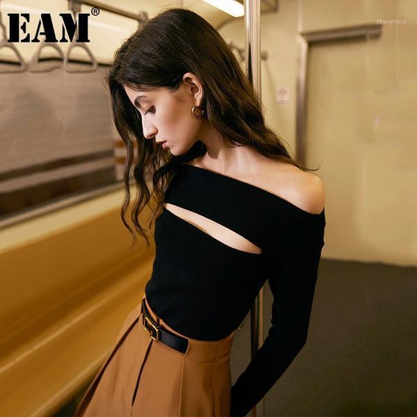 

eam] hollow out knitting sweater loose fit slash neck long sleeve women pullovers new fashion tide autumn winter 2020 1dc9271, White;black