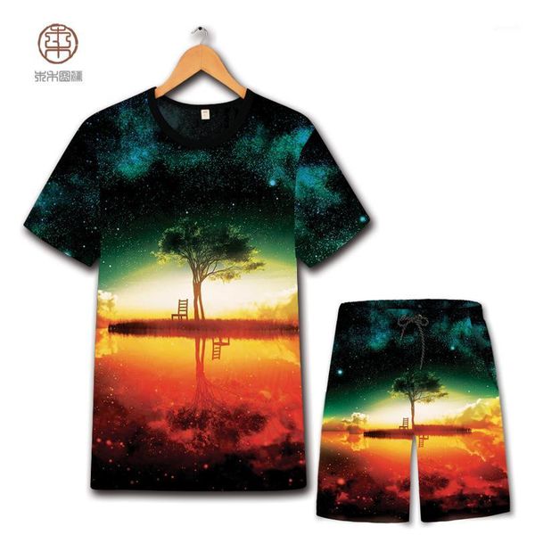 

fantastic scenery exquisite printing oversized t shirt and shorts suit summer 2018 new hollow breathable quality mens short sets1, Gray