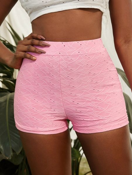 

newness wide band waist pointelle knot textured biker shorts v2vb#, Black