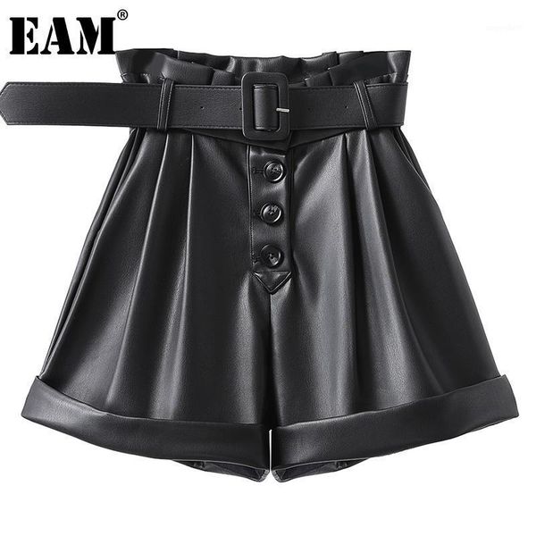

eam] women black pu leather wrinkled wide leg shorts new high waist loose fit trousers fashion tide spring autumn 2020 1dc1081, White;black
