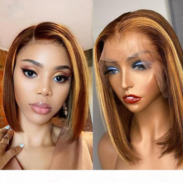 

short bob human hair wigs straight highlight honey blonde color 13*6 part lace wig with baby hair preplucked brazilian remy hair, Black;brown
