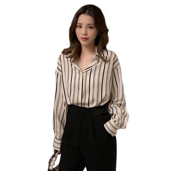 

women's blouses & shirts fashion summer elegant turn-down collar button blouse casual loose women striped vintage shirt 2021, White