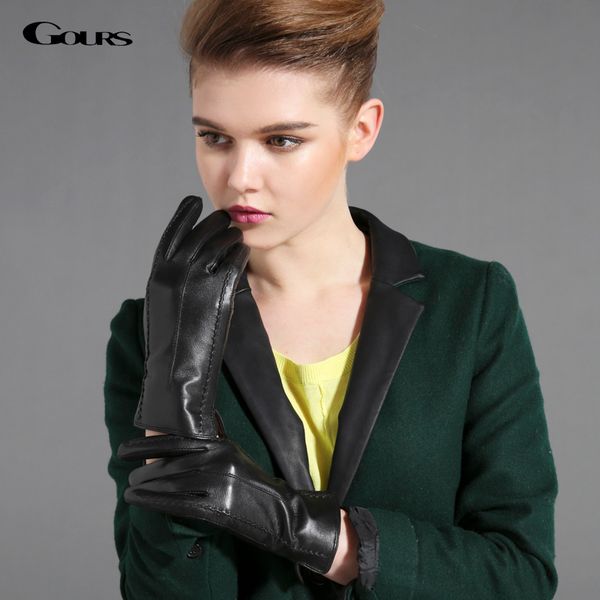 

gours winter genuine leather gloves for women black goatskin finger gloves new arrival fashion brand warm mittens gsl031 201021, Blue;gray