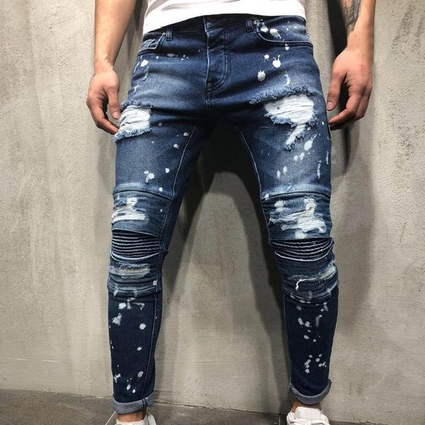 

autumn denim men ripped hole distresses washed skinny jeans male casual outerwear hip hop slim fit jeans trouser size 40, Blue