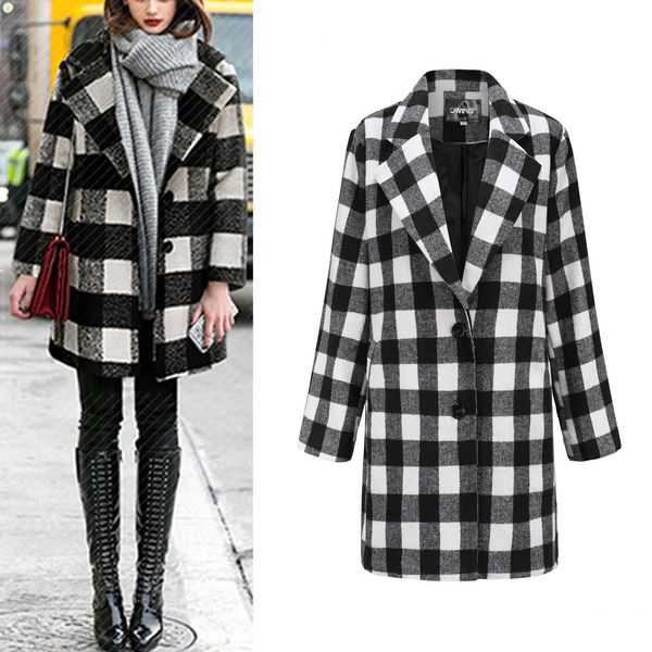 

womens blends vintage plaid lapel blazer jacket faux wool coat trench woman coats winter pocket outerwear#0921, Black