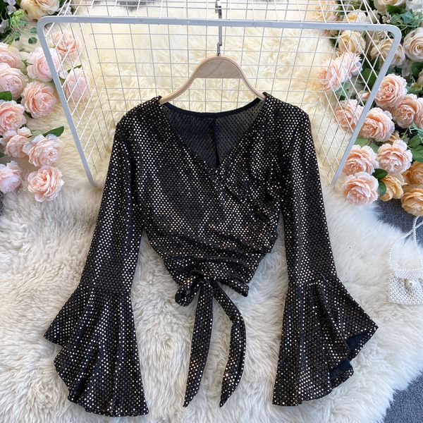 

2021 new female singiny bow cord spring blouse neck enlargement solid sequins streetwear short bt3a, White